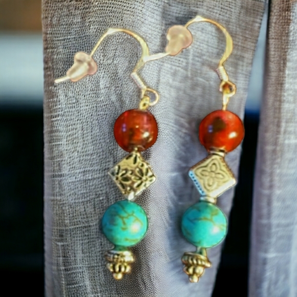 Artisan Deep Orange, Turquoise, and Silver Hand Crafted Beaded Dangle Ea… - Picture 1 of 6